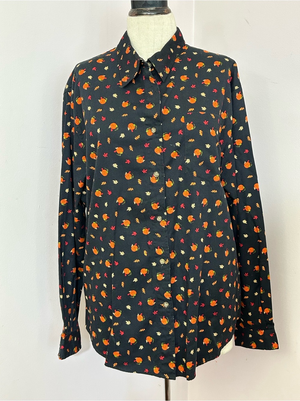 Karen Scott Halloween pumpkin print button-up long sleeve shirt XL